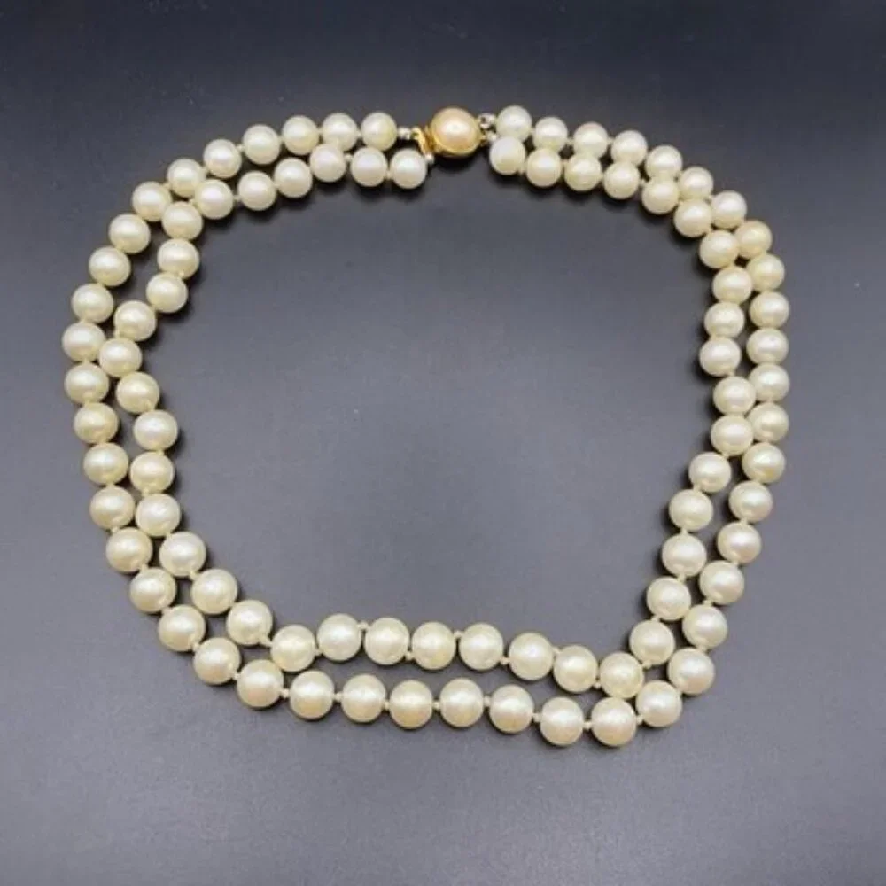 VTG Carolee Double Strand Faux Pearl Necklace 16" Knotted Glass 8mm Beads LOOK - Picture 2 of 16